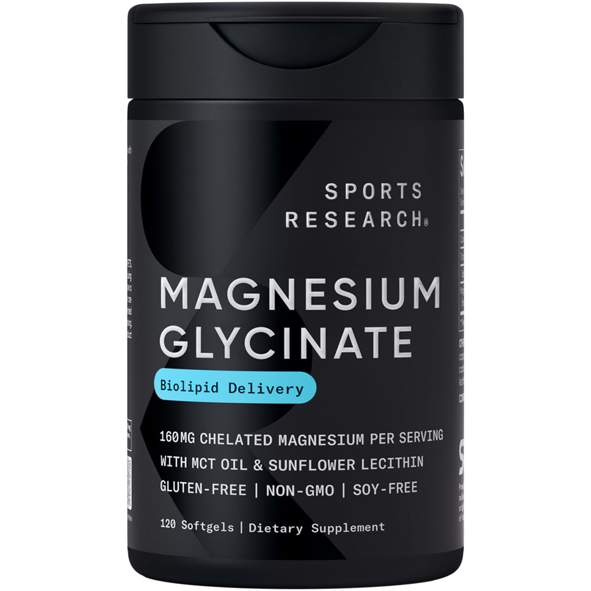 Flacon de Sports Research Magnésium Glycinate 120 gélules avec huile MCT de coco