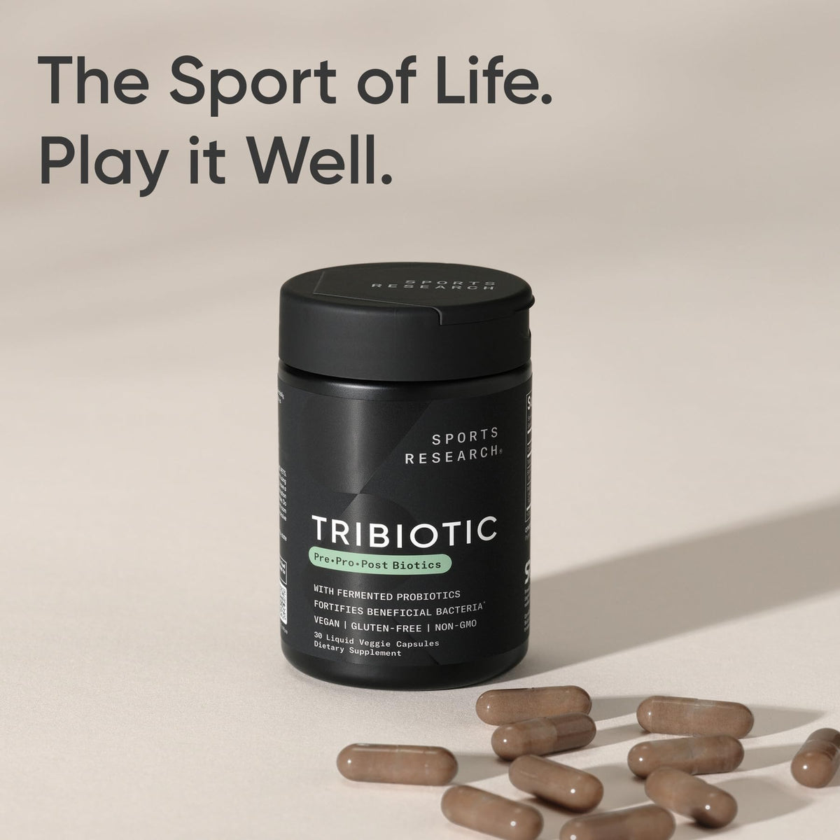 Flacon de Sports Research Tribiotic 3-en-1 avec gélules visibles