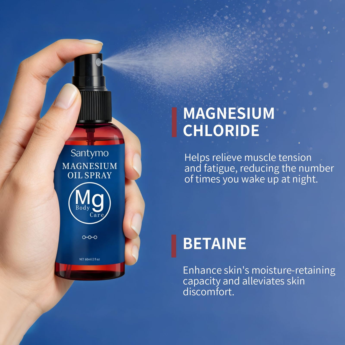 Flacon de spray d'huile de magnésium pur Santymo 82g sur fond blanc