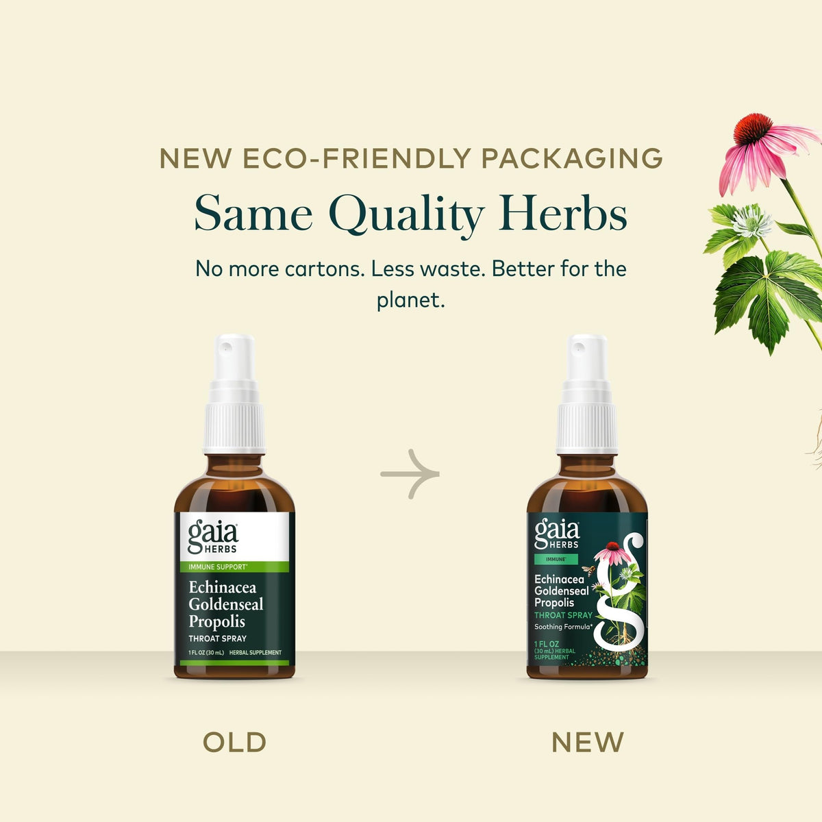 Flacon de spray de gorge Gaia Herbs sur une surface en bois
