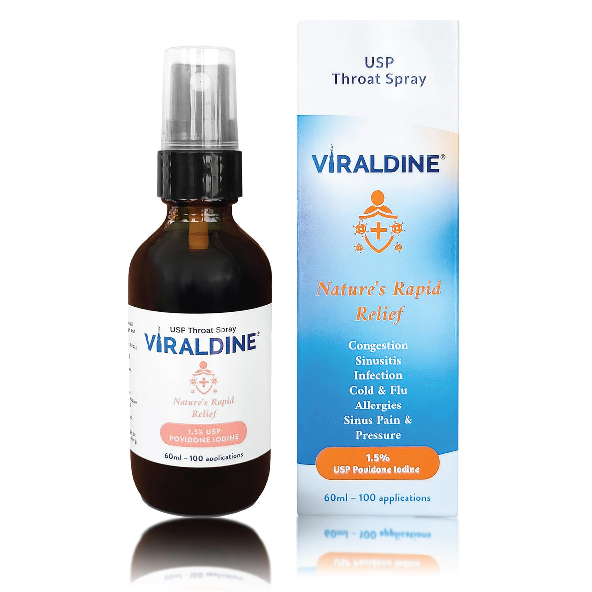 Flacon de spray de gorge VIRALDINE 1,5% Povidone-Iode 60ml vue de face