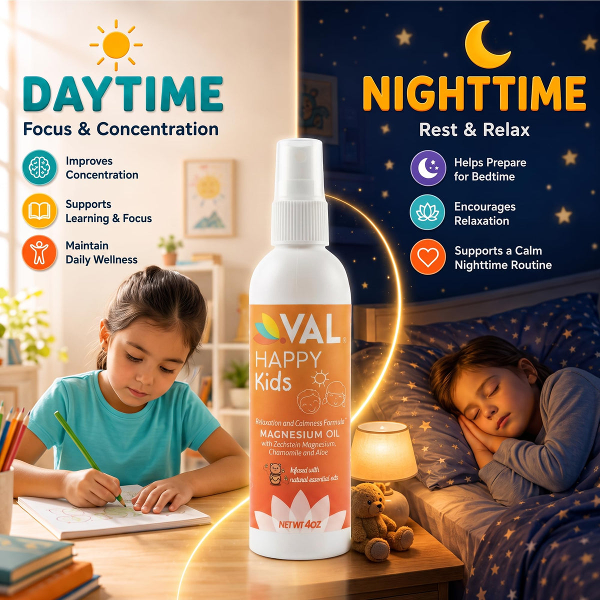 Flacon de spray de magnésium VAL sur une table de nuit