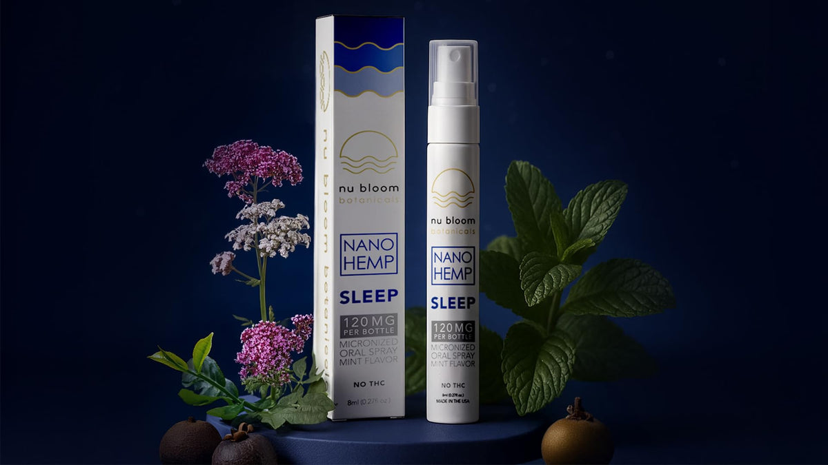 Flacon de spray de sommeil Nu Bloom avec arrière-plan flou