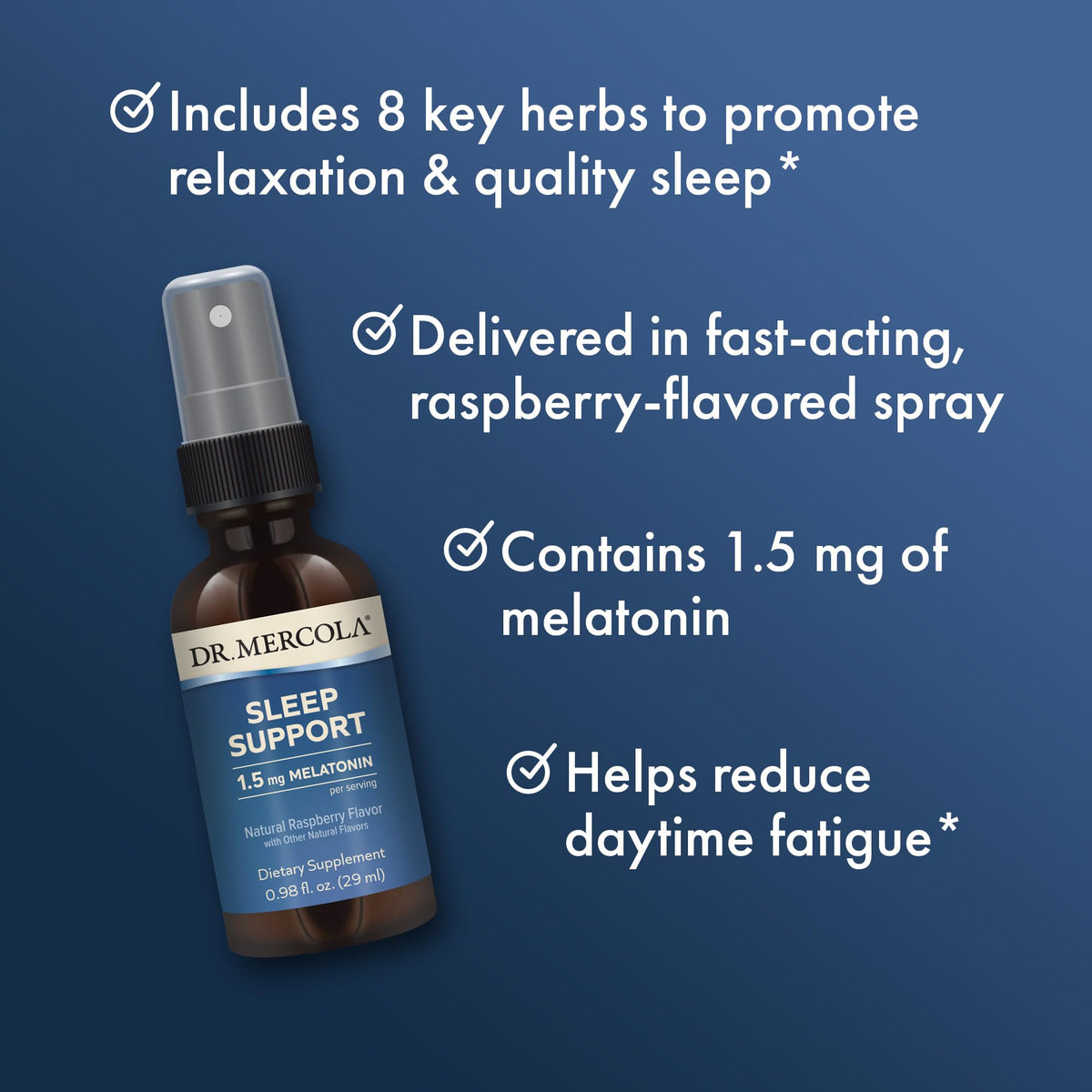 Flacon de spray Dr. Mercola soutien sommeil avec bouchon ouvert
