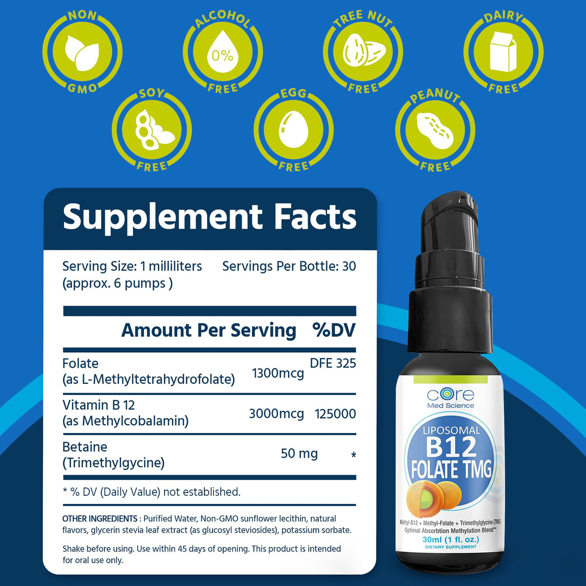 Flacon de spray liquide Core Med Science B12 Folate TMG avec étiquette