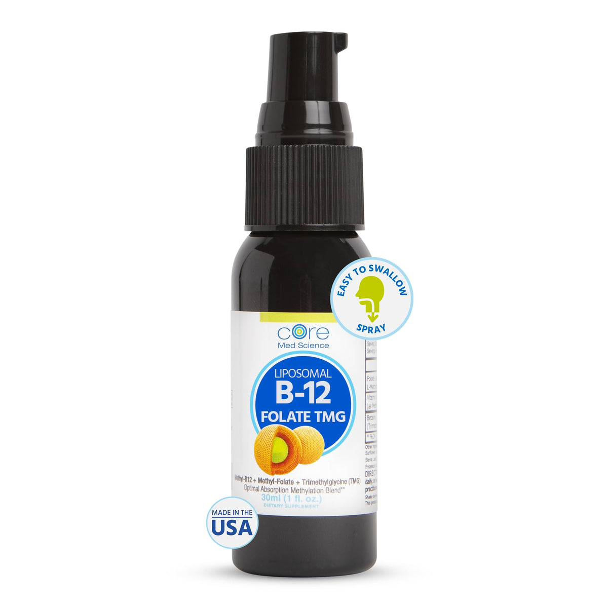 Flacon de spray liquide Core Med Science B12 Folate TMG vue de face