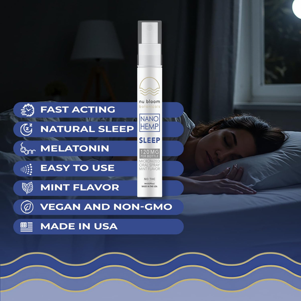 Flacon de spray Nu Bloom sur une table de nuit