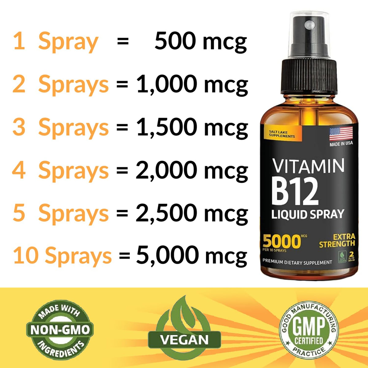 Flacon de spray sublingual B12 5000 mcg avec dosage indiqué