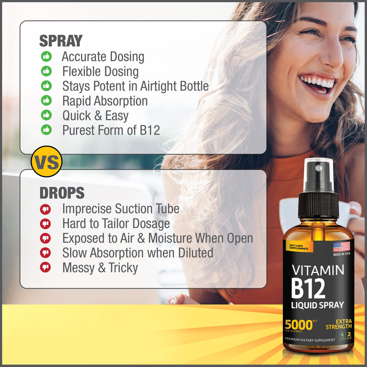 Flacon de spray sublingual B12 5000 mcg avec étiquette visible
