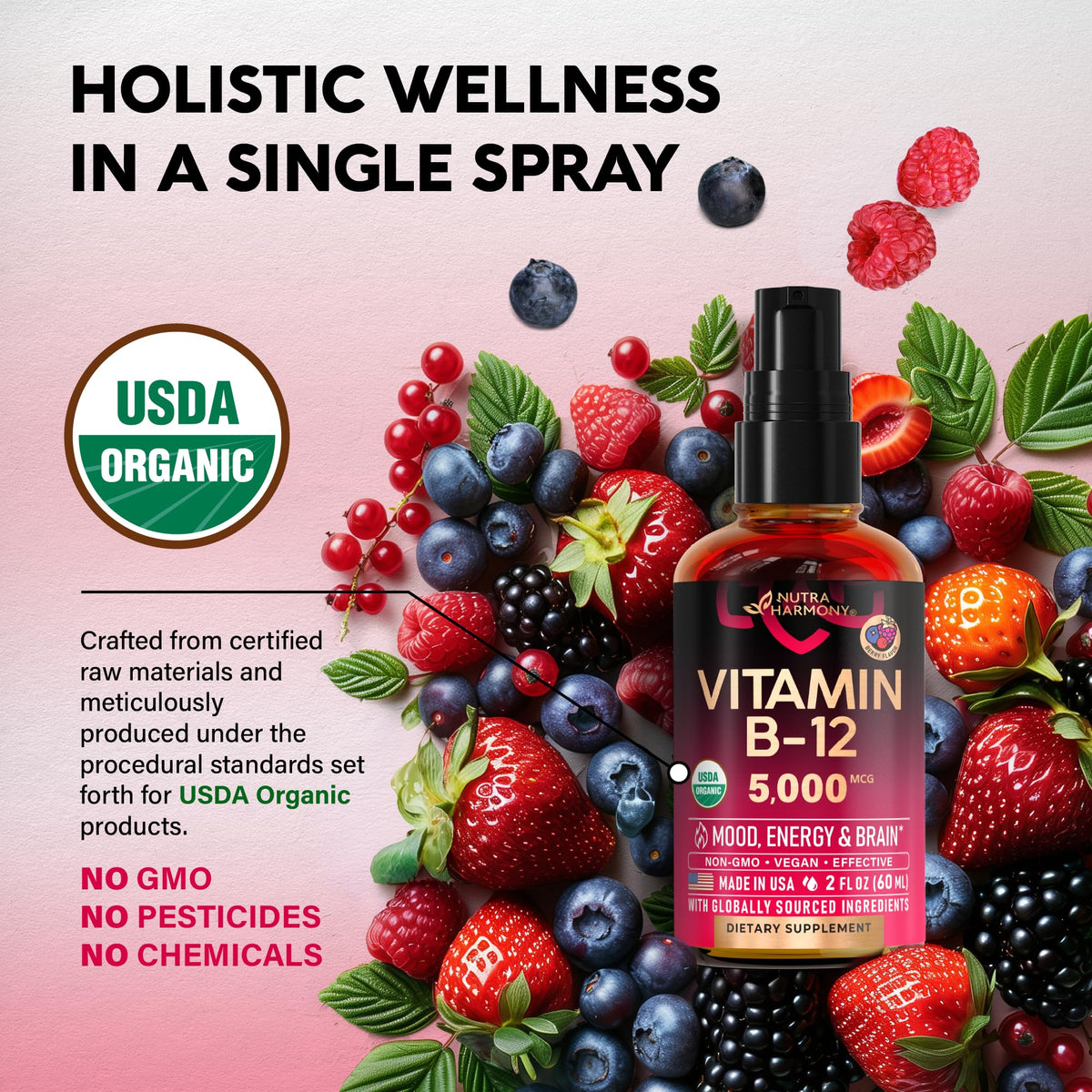 Flacon de spray sublingual NUTRAHARMONY sur une table