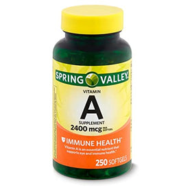 Flacon de Spring Valley Vitamine A 2400 mcg, 250 gélules, vue de face