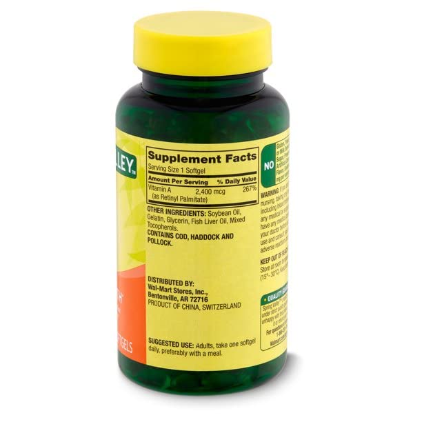Flacon de Spring Valley Vitamine A 2400 mcg, étiquette et dosage