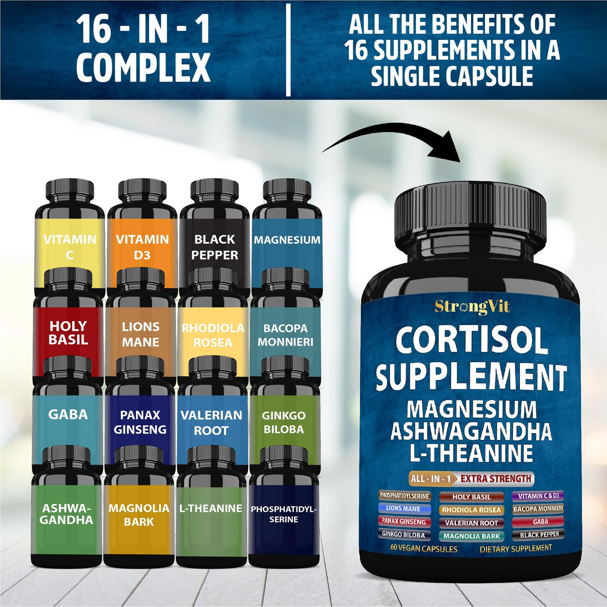Flacon de StrongVit Cortisol sur fond blanc