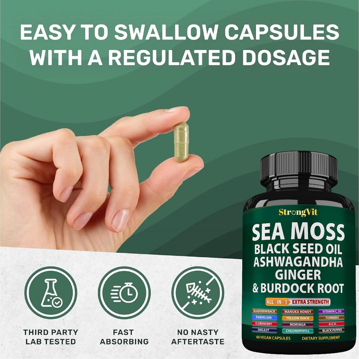 Flacon de StrongVit ouvert avec capsules à l'intérieur