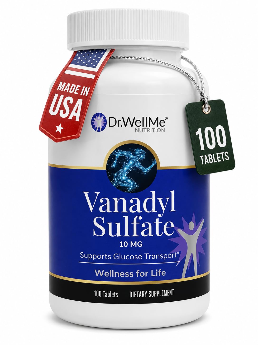 Flacon de sulfate de vanadium 10mg de DR WELLME NUTRITION face avant