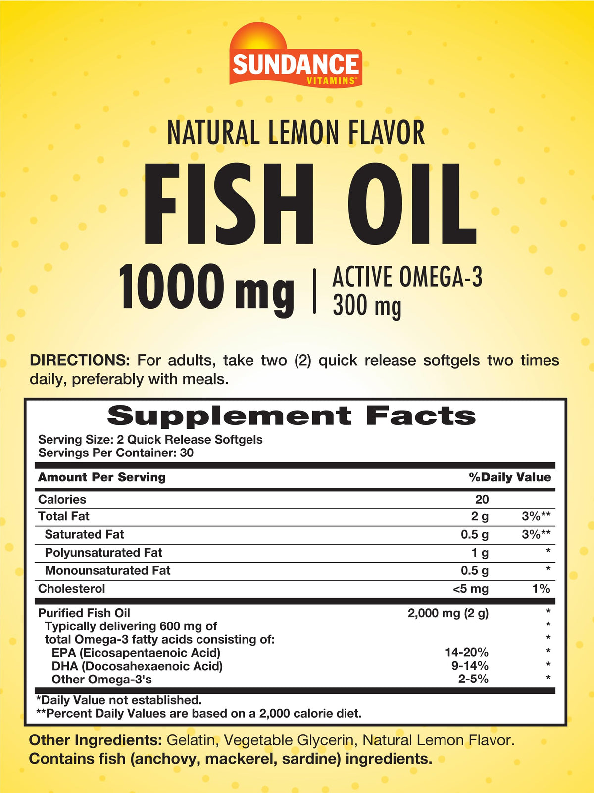 Flacon de Sundance Huile de Poisson Omega 3 1000mg avec étiquette