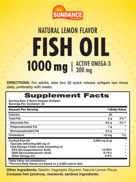 Flacon de Sundance Huile de Poisson Omega 3 1000mg avec étiquette