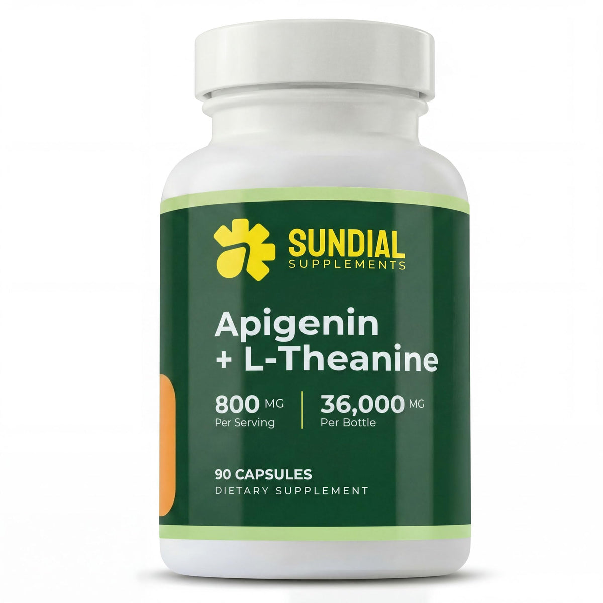 Flacon de SUNDIAL SUPPLEMENTS Apigenin 200mg L-Theanine 600mg, vue avant avec étiquetage