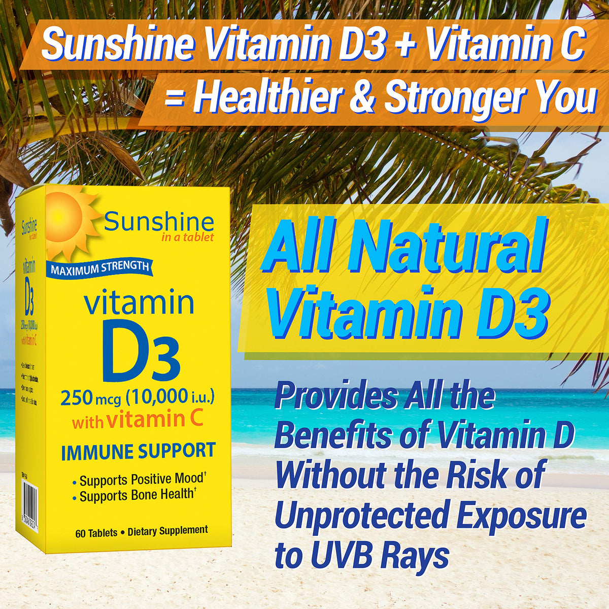 Flacon de Sunshine Vitamine D ouvert avec comprimés visibles