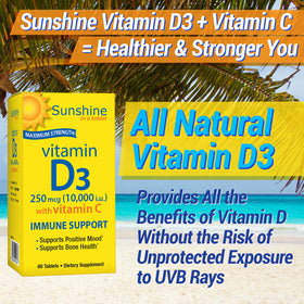 Flacon de Sunshine Vitamine D ouvert avec comprimés visibles