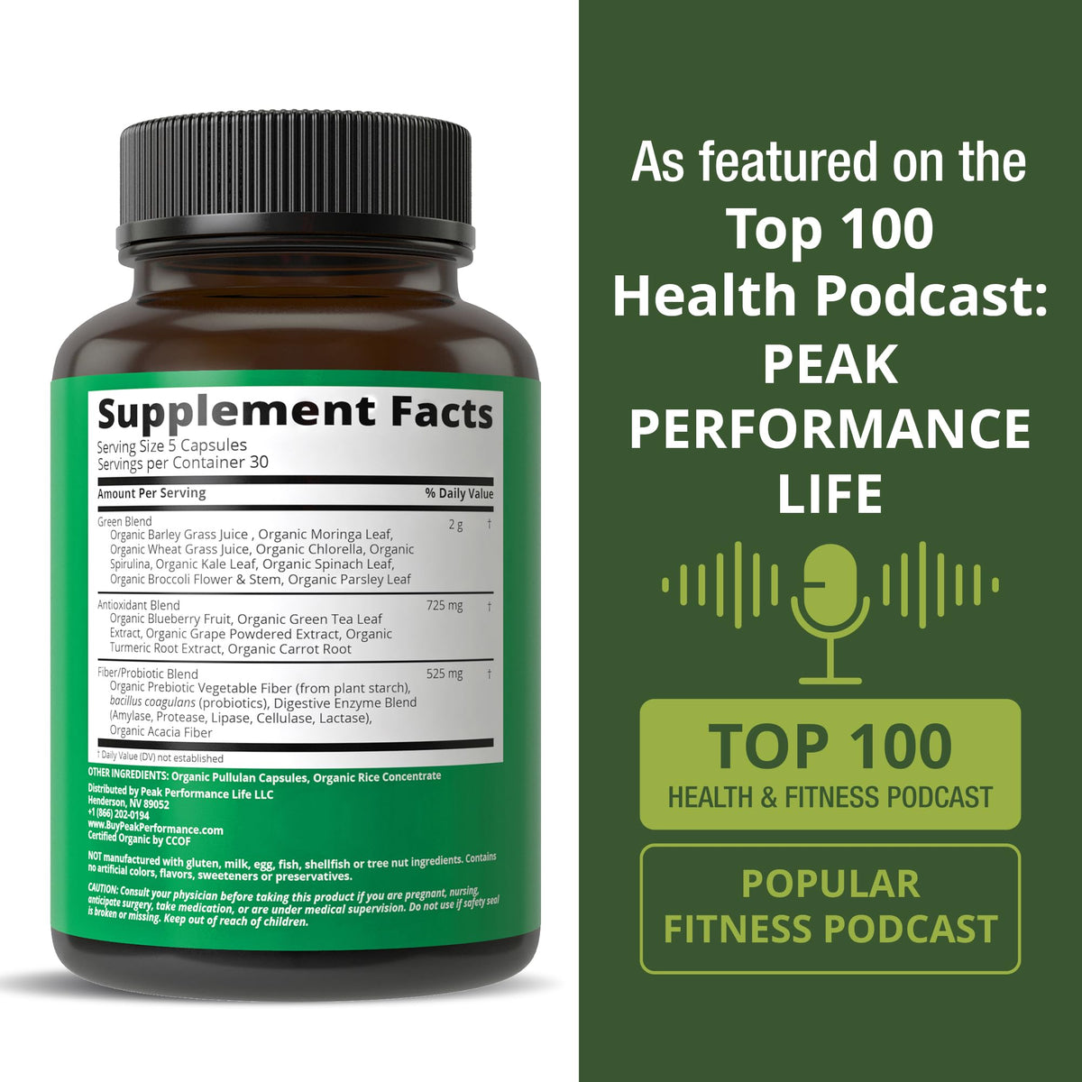 Flacon de Super Greens Peak Performance sur fond blanc