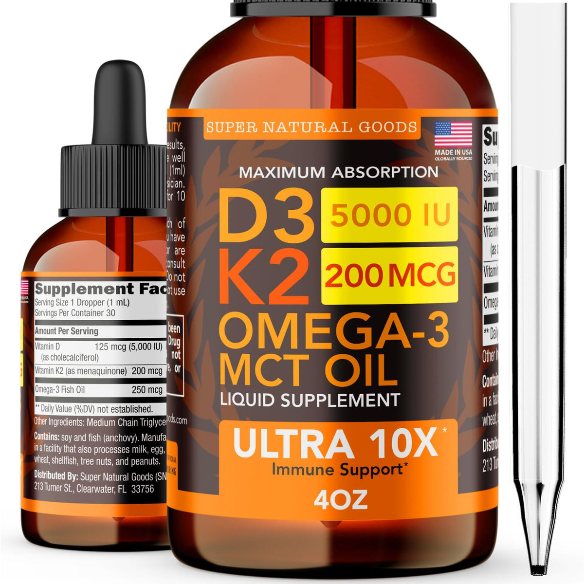 Flacon de Super Natural Goods D3 K2 Liquide 5000 UI, vue de face