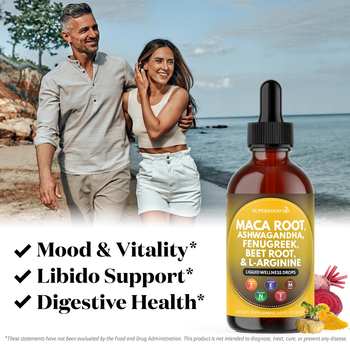 Flacon de Superfood MD Gouttes de Maca avec une étiquette claire