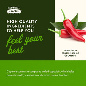 Flacon de Swanson Cayenne 450 mg ouvert avec capsules visibles