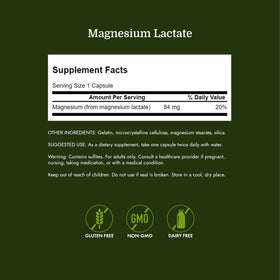 Flacon de Swanson Magnésium Lactate ouvert avec capsules visibles
