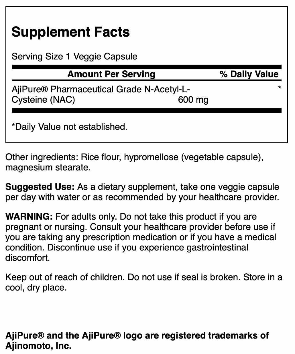 Flacon de Swanson N-Acetyl-L-Cysteine 600 mg avec étiquette