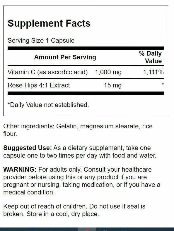 Flacon de Swanson Vitamine C avec Églantier 1000 mg 250 Capsules