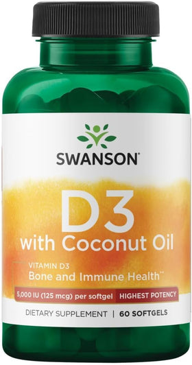 Flacon de Swanson Vitamine D-3 125 mcg avec coco, vue de face