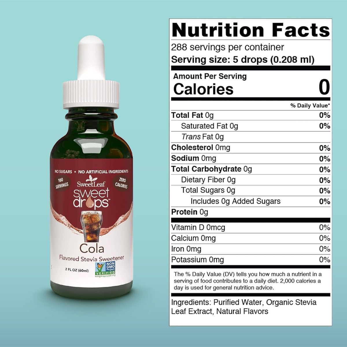 Flacon de SweetLeaf Cola Drops avec étiquette détaillée