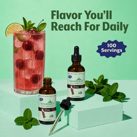 Flacon de SweetLeaf Cola Drops ouvert avec gouttes visibles
