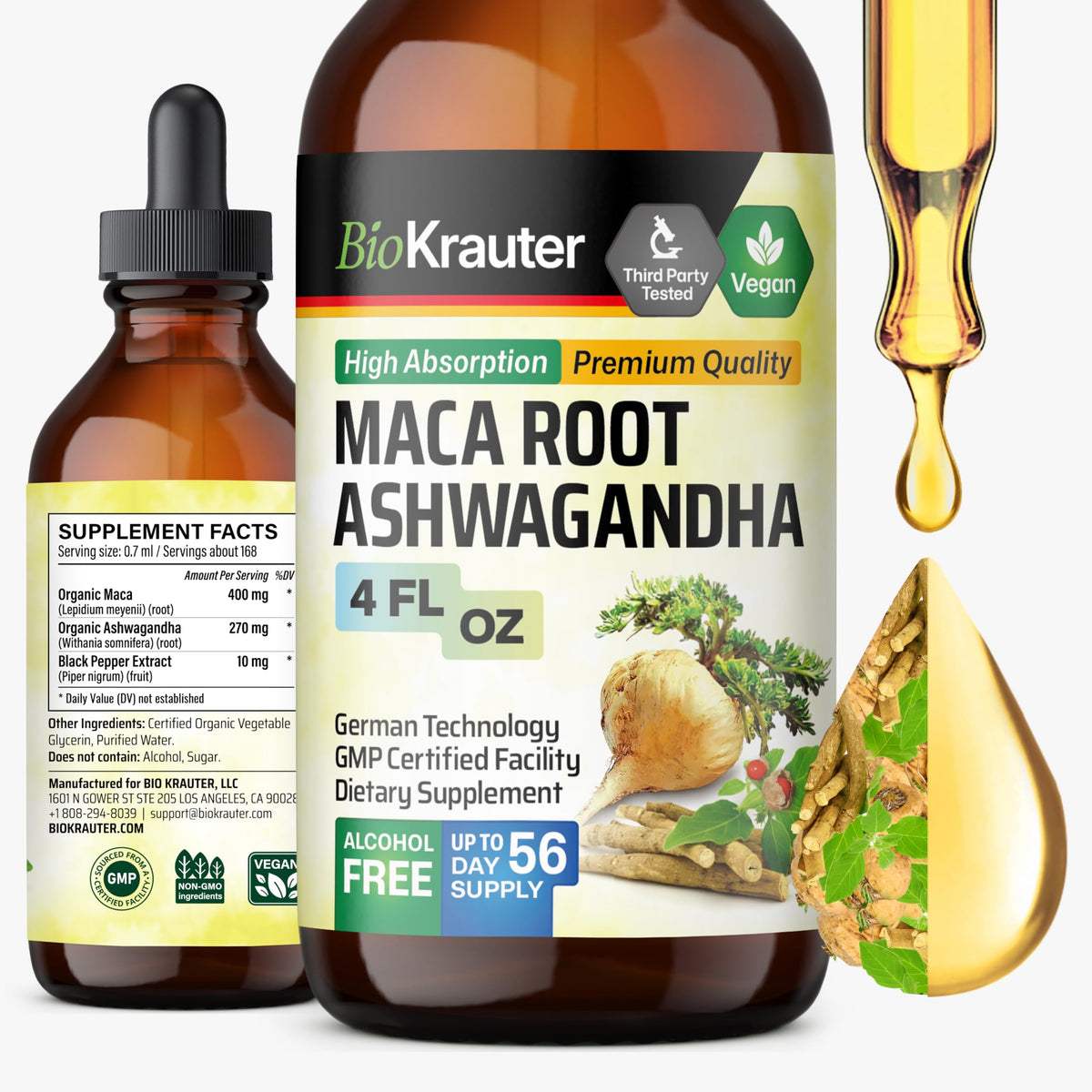 Flacon de teinture BIO KRAUTER Maca et Ashwagandha 4 fl. oz vue de face