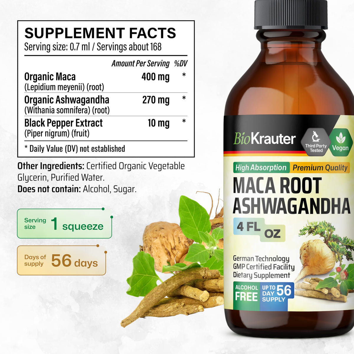 Flacon de teinture BIO KRAUTER Maca et Ashwagandha avec compte-gouttes