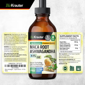 Flacon de teinture BIO KRAUTER Maca et Ashwagandha sur un fond neutre