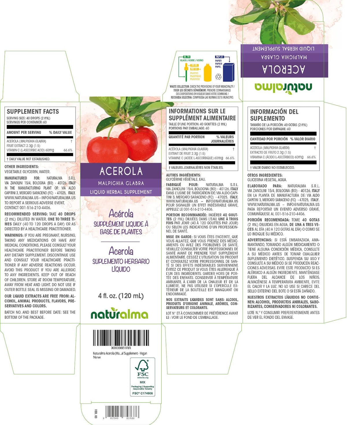 Flacon de teinture d'Acerola Naturalma 60 mg Vitamine C