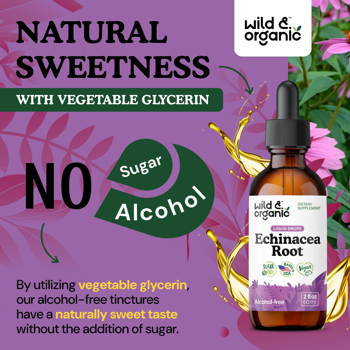 Flacon de teinture d'échinacée Wild & Organic avec goutte à goutte