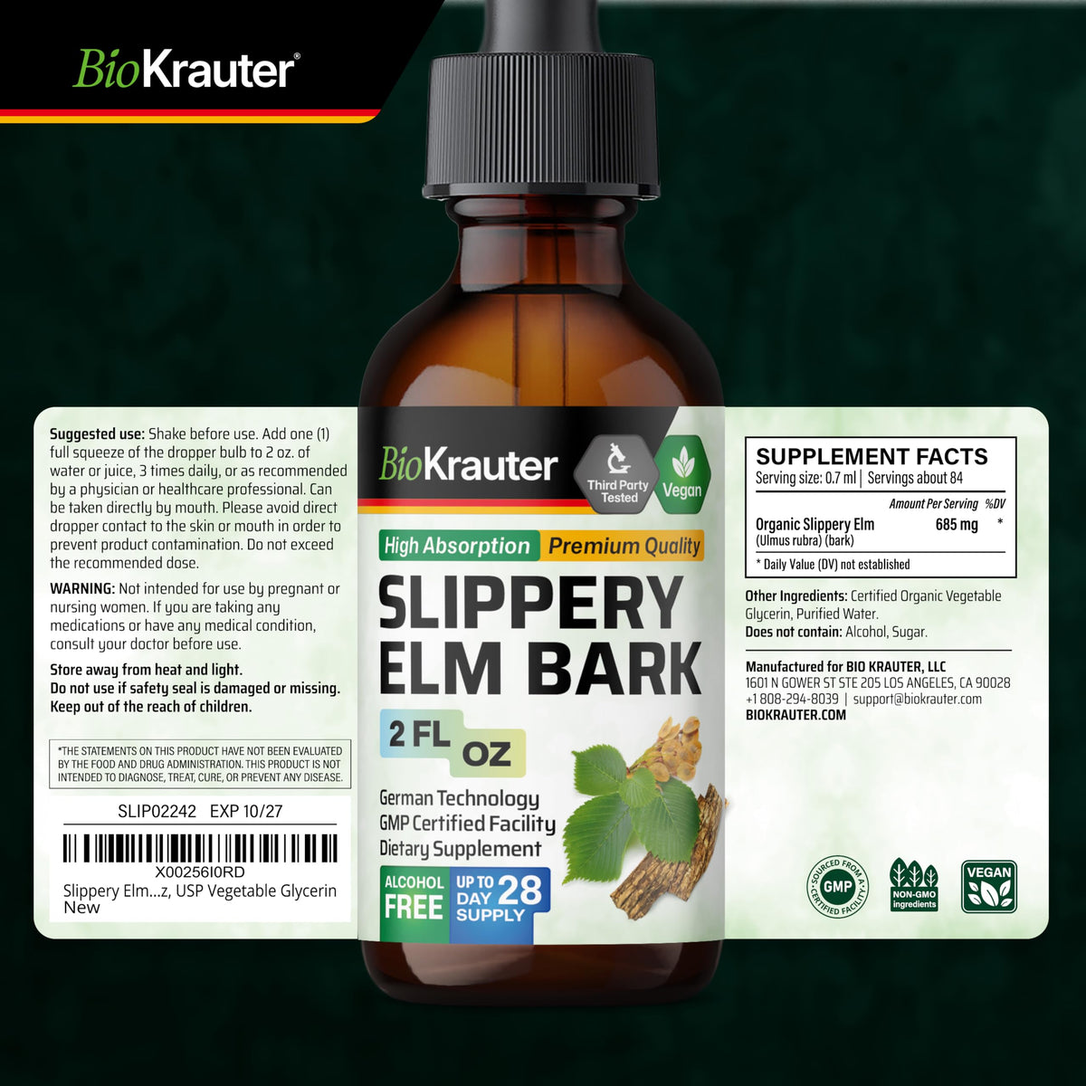 Flacon de teinture d'écorce de slippery elm BIO KRAUTER avec des ingrédients