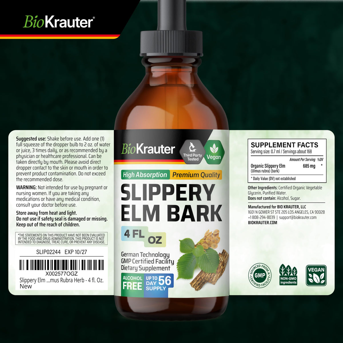 Flacon de teinture d'écorce de slippery elm BIO KRAUTER avec fond neutre