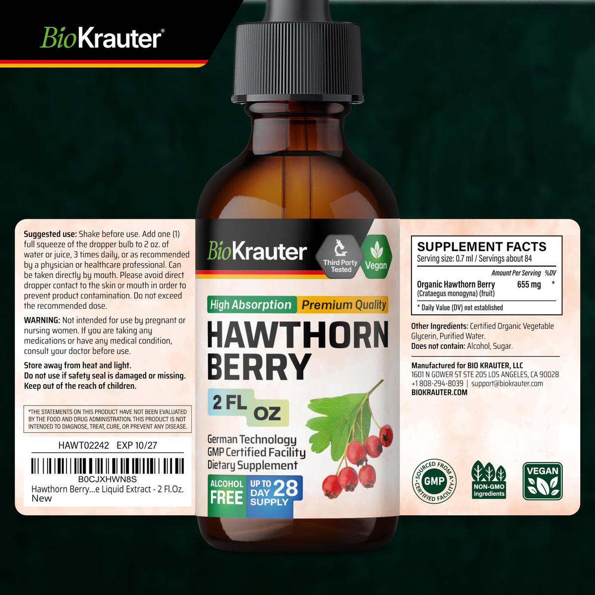 Flacon de teinture de baies d'aubépine BIO KRAUTER avec dosage