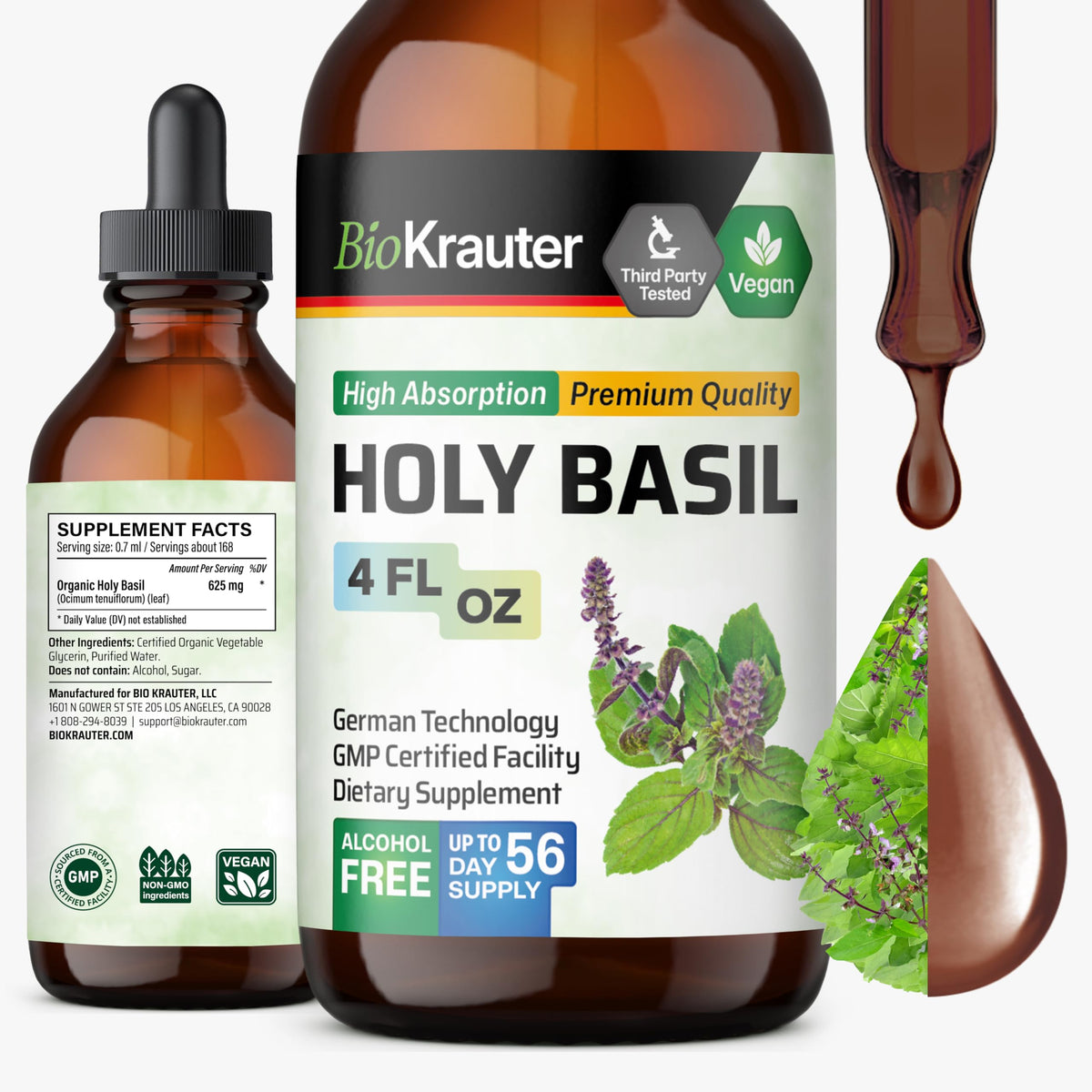 Flacon de teinture de basilic sacré BIO KRAUTER 4 Fl.Oz vue de face