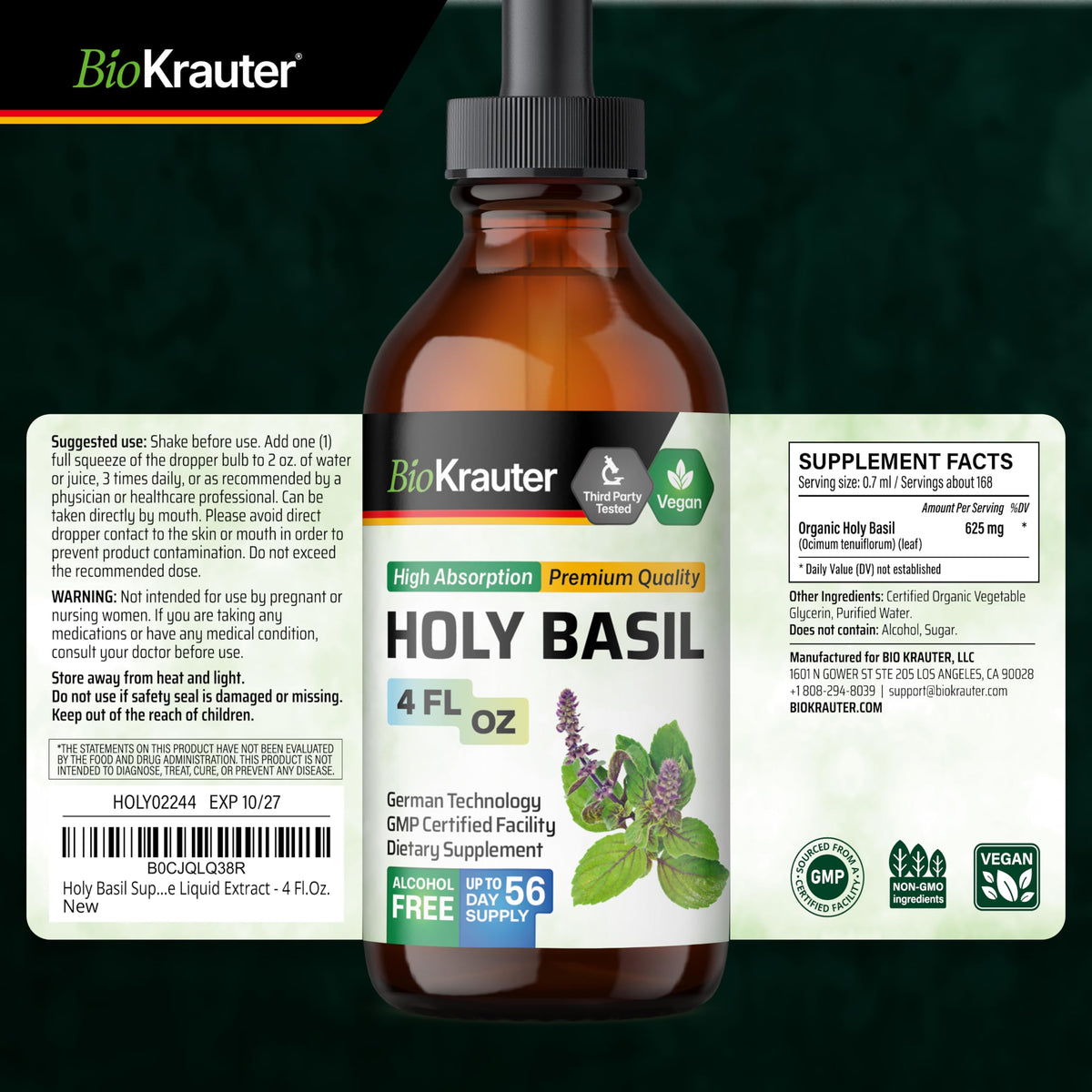 Flacon de teinture de basilic sacré BIO KRAUTER avec des feuilles de basilic