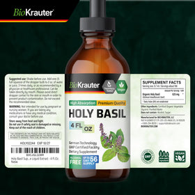 Flacon de teinture de basilic sacré BIO KRAUTER avec des feuilles de basilic