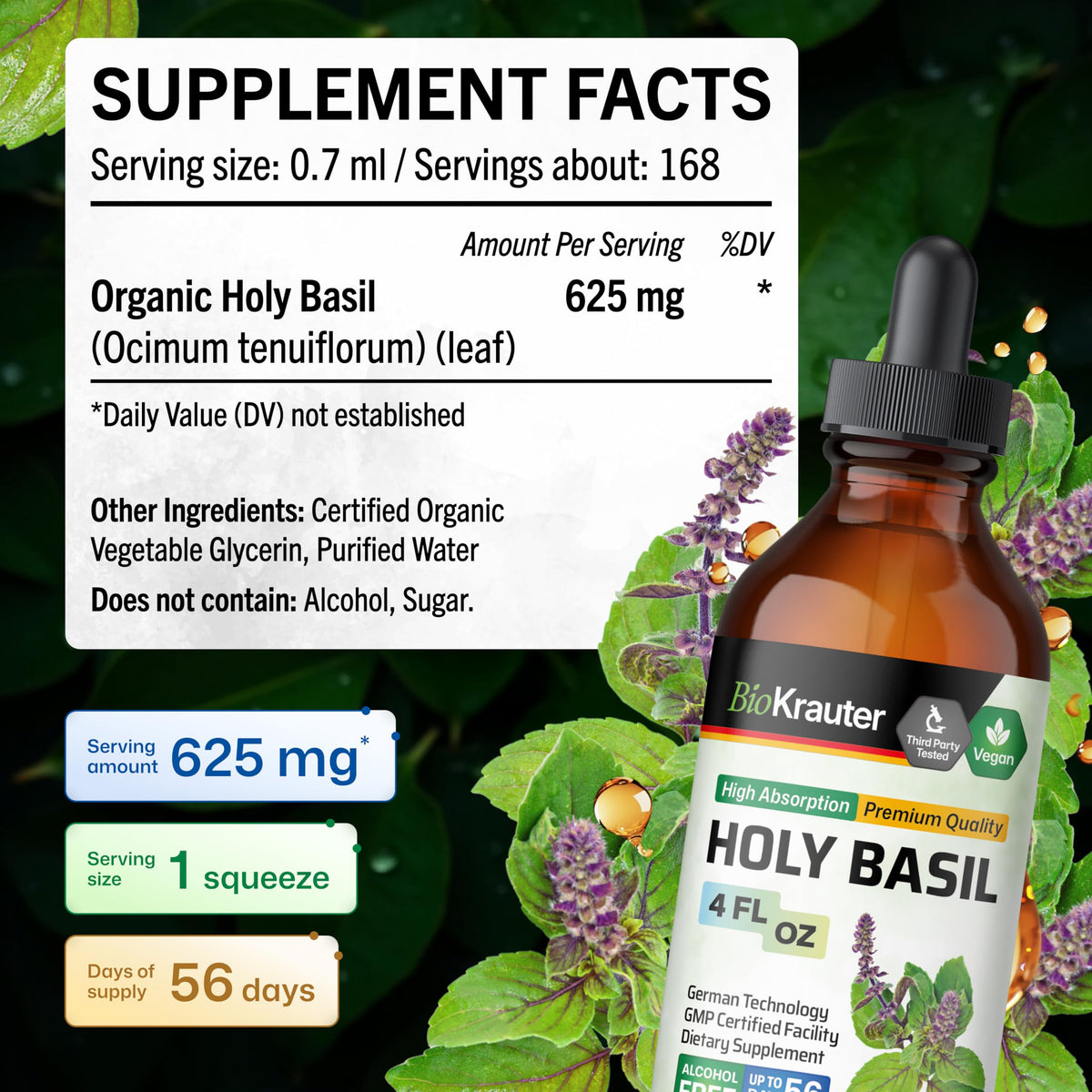 Flacon de teinture de basilic sacré BIO KRAUTER sur un fond naturel