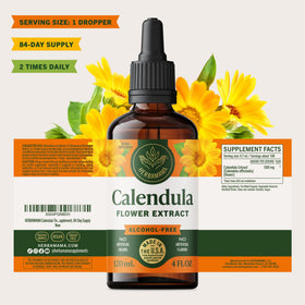 Flacon de teinture de Calendula HERBAMAMA avec des fleurs de Calendula