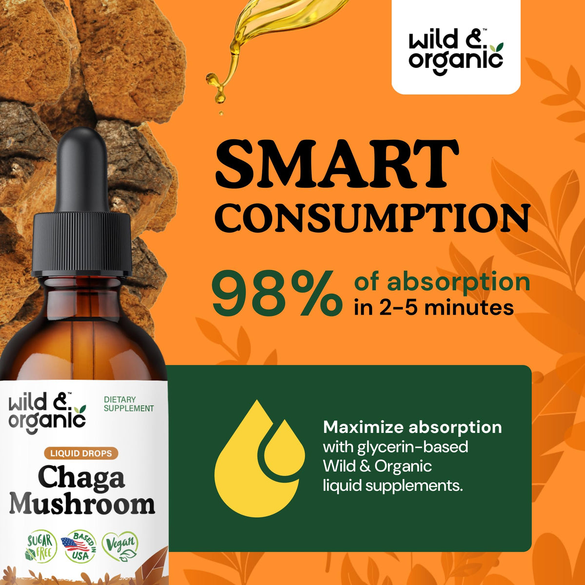 Flacon de teinture de champignon chaga Wild & Organic avec goutte à goutte