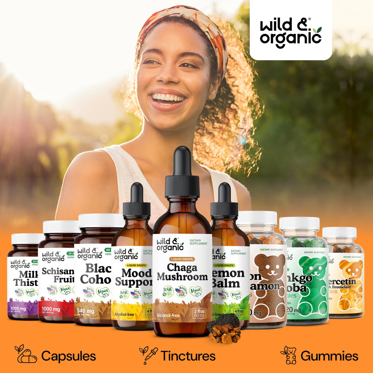 Flacon de teinture de champignon chaga Wild & Organic sur une table en bois