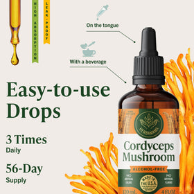 Flacon de teinture de champignon Cordyceps HERBAMAMA avec étiquette visible